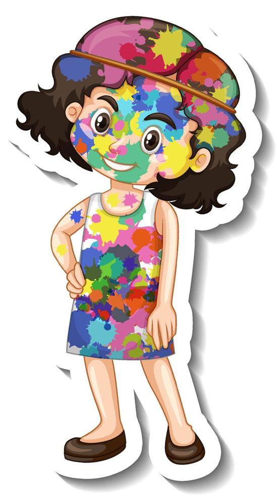 Happy girl with colour on her body sticker on white background vector