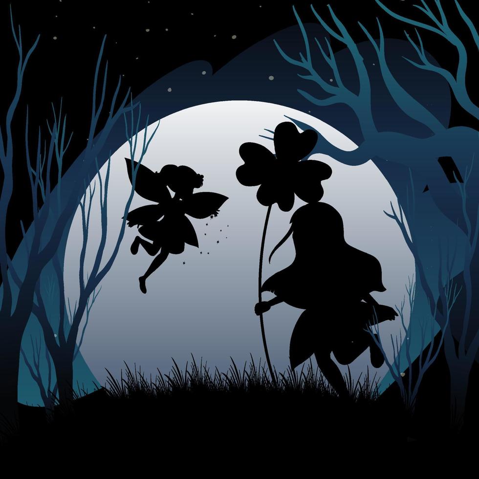 Silhouette fairies with full moon background vector