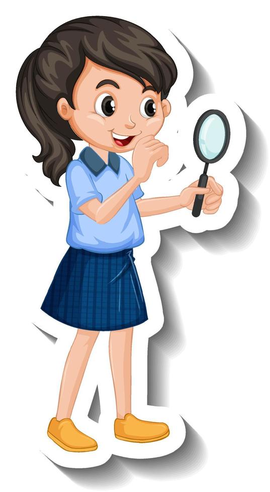 Cartoon girl looking through magnifying glass vector