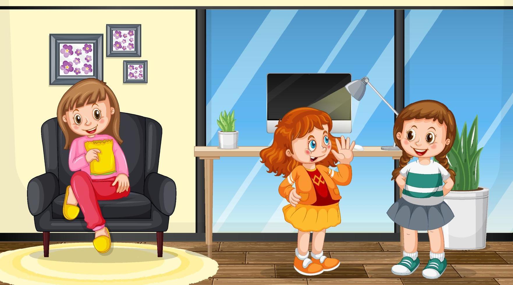 Scene with three girls cartoon character in the room vector