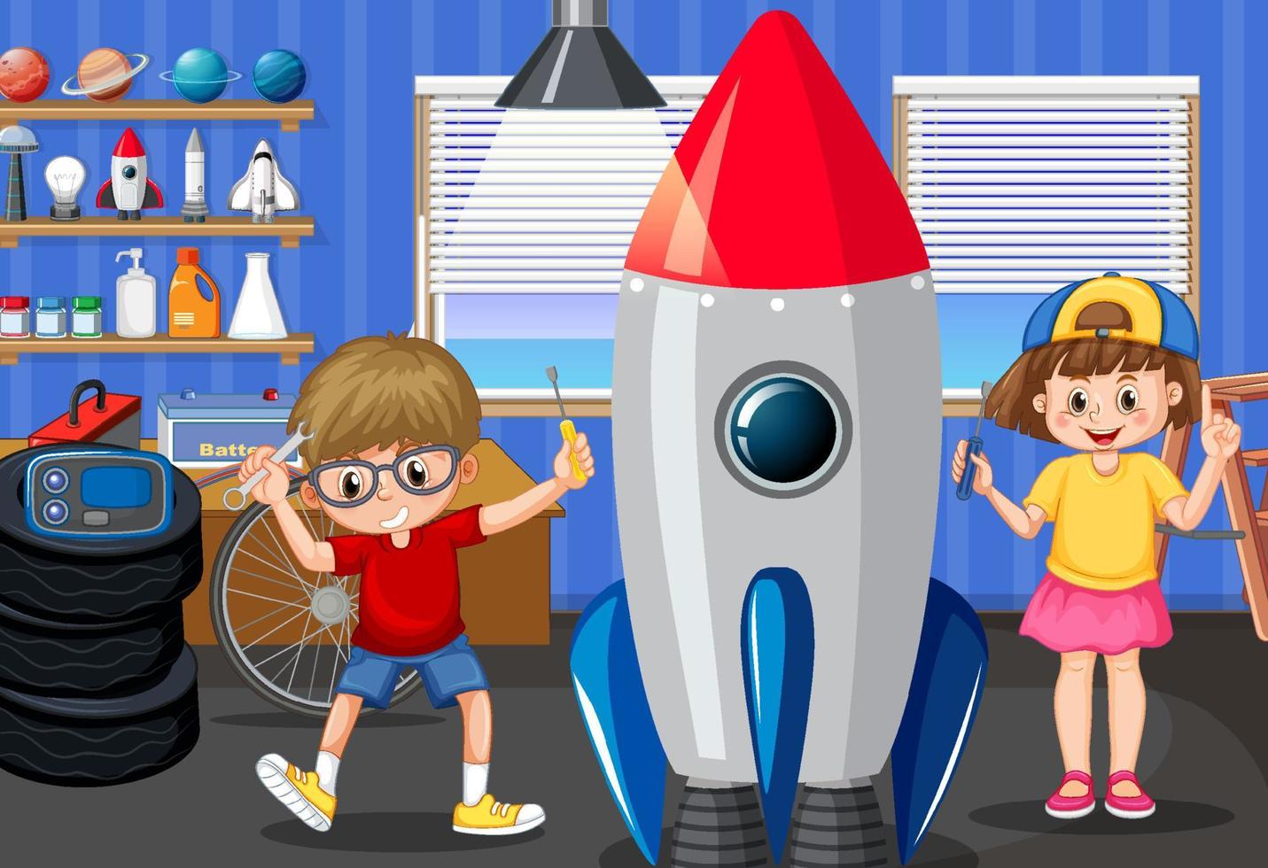 Scene with children repairing rocket together vector