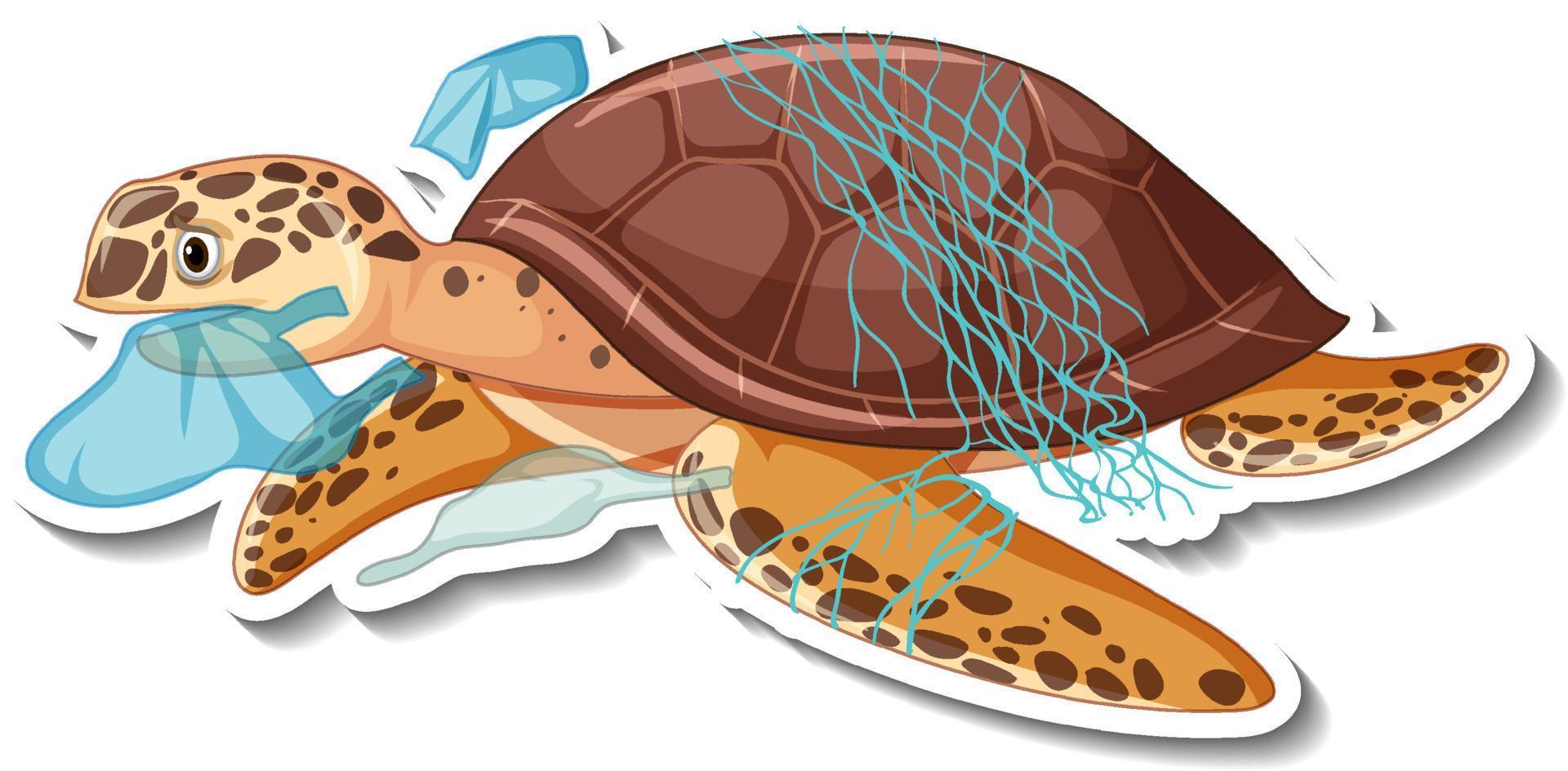 Turtle stuck with plastic trash cartoon sticker vector