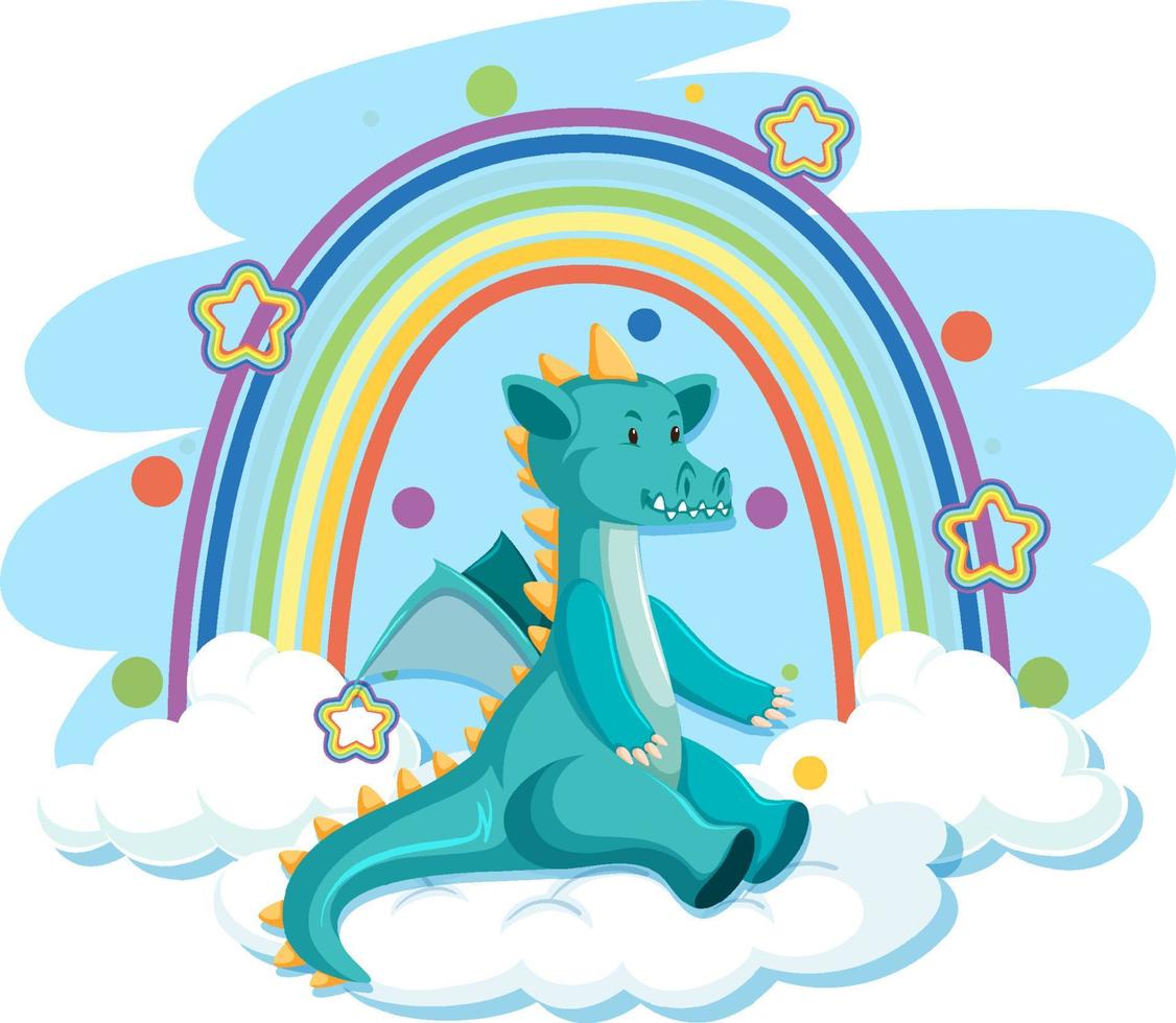 Cute blue dragon on the cloud with rainbow vector