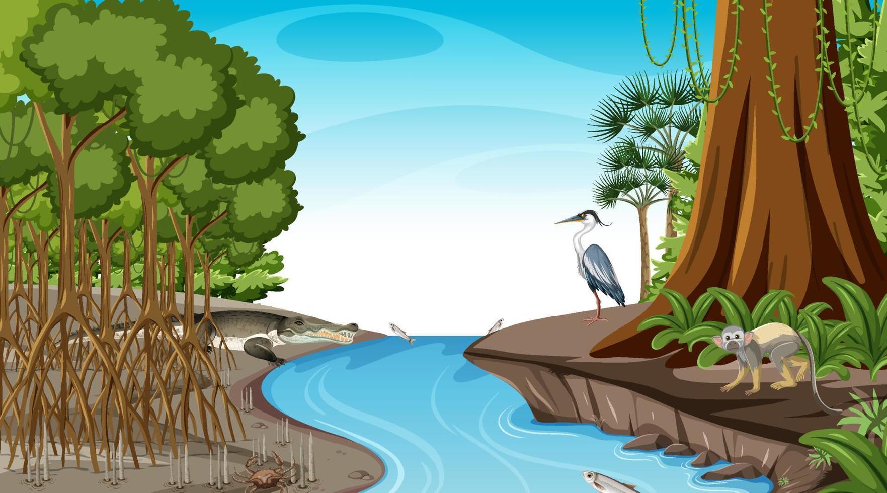 Mangrove forest at daytime scene with wild animals vector