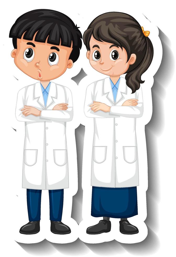 Scientist couple kids cartoon character sticker vector