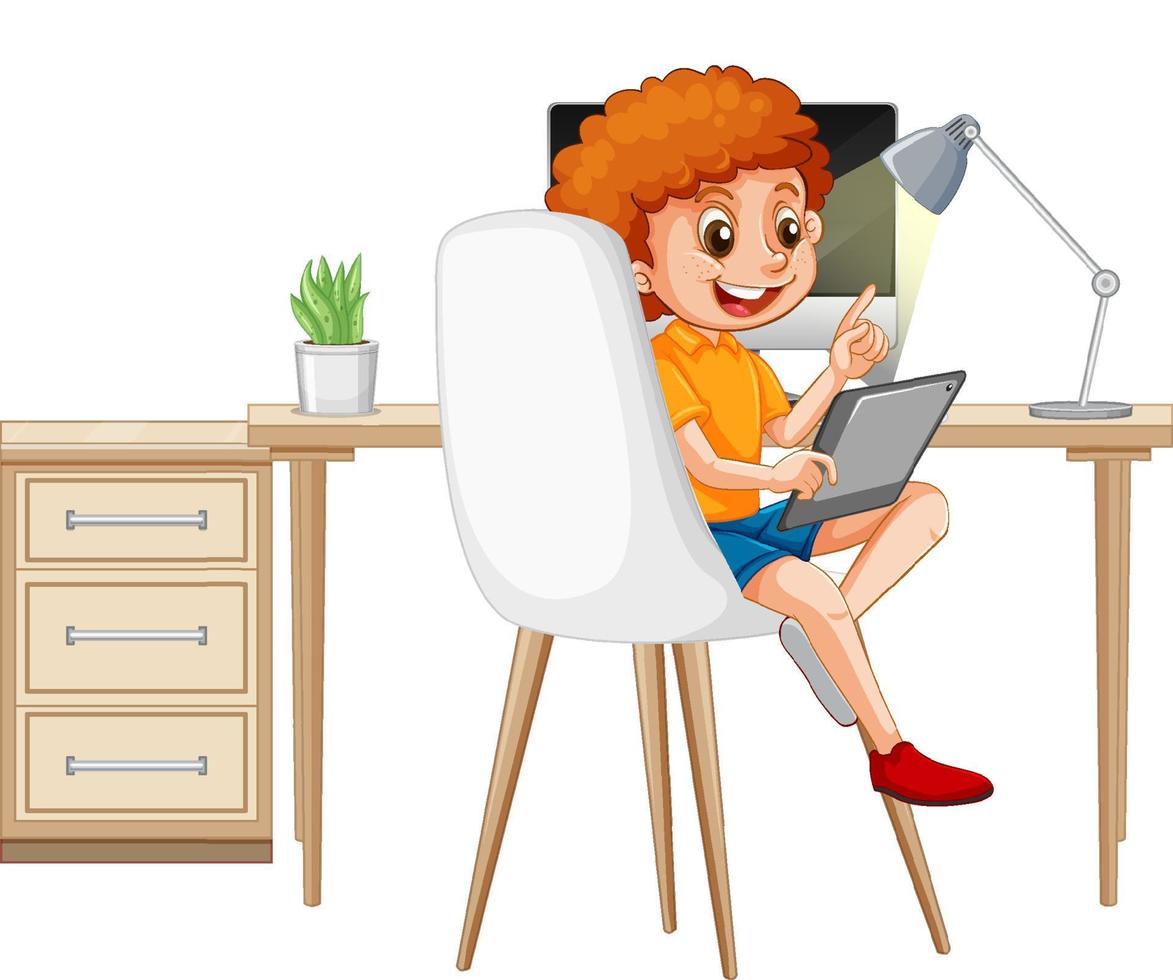 Boy learning from home on electronic device vector