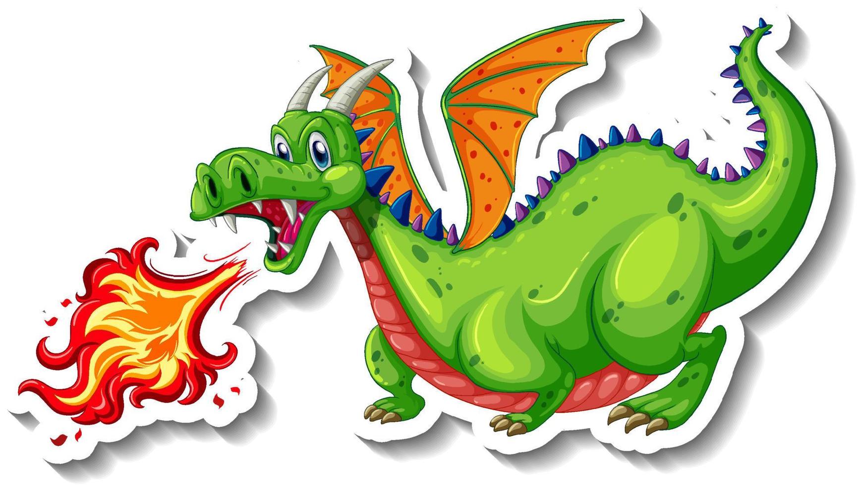 dragón que sopla la etiqueta engomada del personaje de dibujos animados de fuego vector