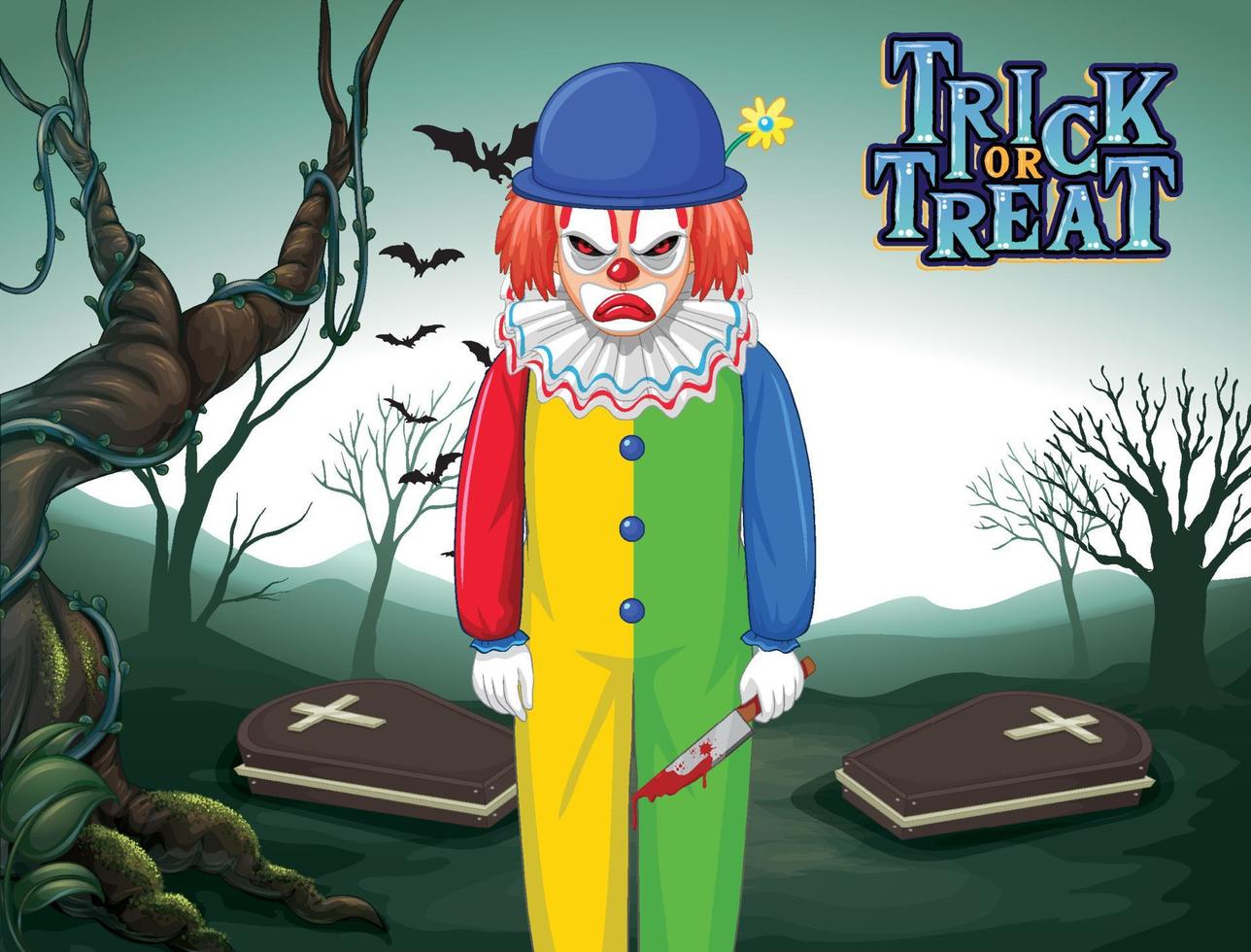 Killer clown on dark cemetery forest background vector