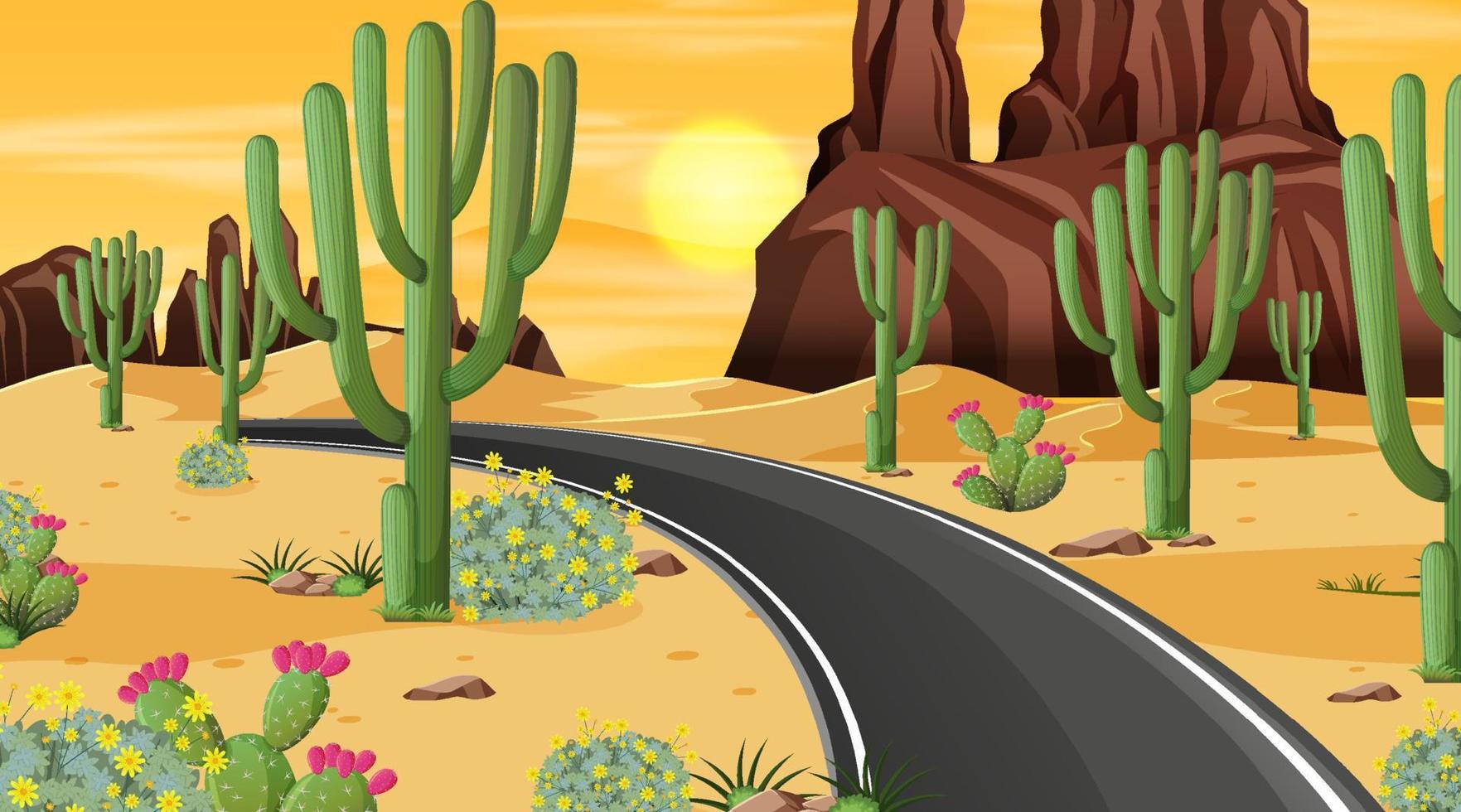 Desert forest landscape at night scene with long road vector