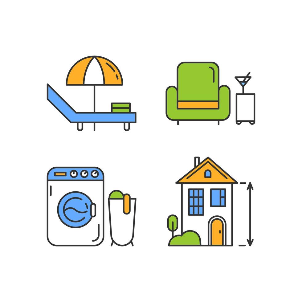 Conjunto de iconos de colores de servicios de apartamento. playa haise longue, lobby bar. lavadero, lavado de ropa. Casa de techos altos, edificio de dos plantas. alojamiento confortable. ilustraciones vectoriales aisladas vector