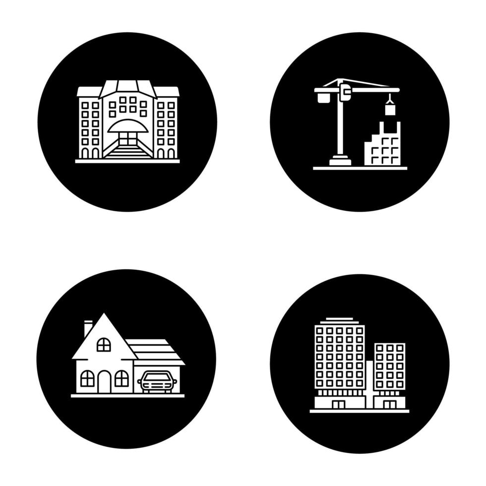 conjunto de iconos de glifo de edificios de la ciudad. hotel, grúa torre, cabaña, centro de negocios. ilustraciones de siluetas blancas vectoriales en círculos negros vector
