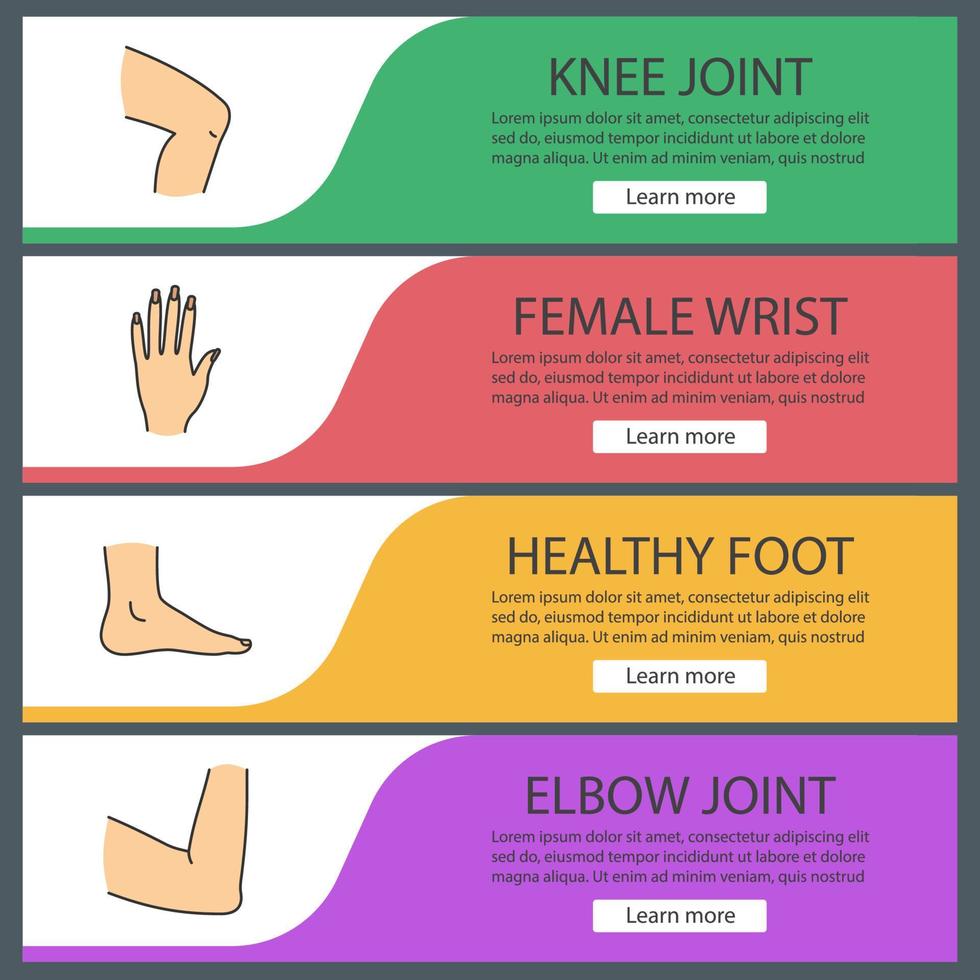 Body parts web banner templates set. Knee, woman's hand, foot, elbow joint. Website color menu items. Vector headers design concepts