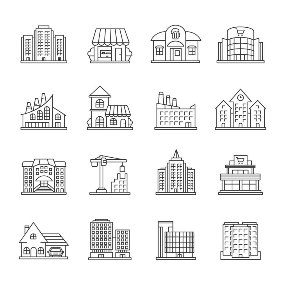 Conjunto de iconos lineales de edificios de la ciudad. fachadas. arquitectura de la ciudad. símbolos de contorno de línea fina. ilustraciones de contorno vectorial aislado vector