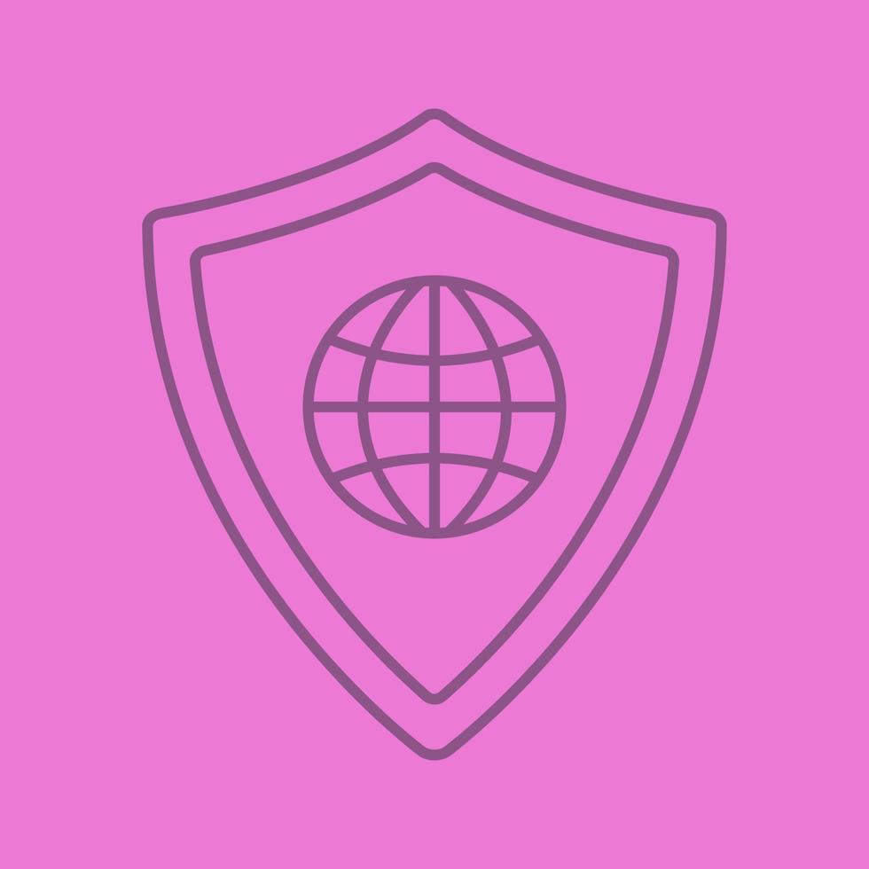 Network security linear icon. Protection shield with globe model. Thin line outline symbols on color background. Vector illustration