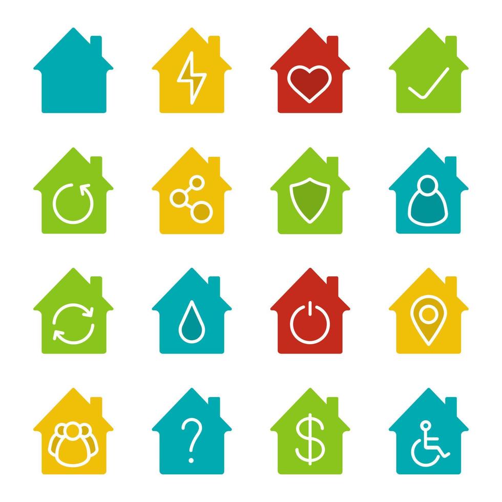 Houses glyph color icon set. Silhouette symbols on white backgrounds. Home buildings with man, heart, dollar sign, wheelchair, question and tick marks inside. Negative space. Vector illustrations