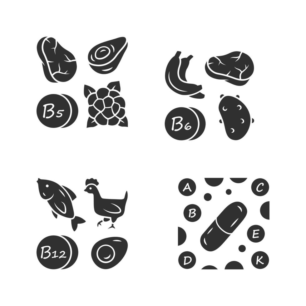 Vitamins glyph icons set. B5, B6, B12 natural food source. Vitamin pills. Fruits, meat, vegetables. Proper nutrition. Healthy food. Healthcare. Minerals, antioxidants. Vector isolated illustration