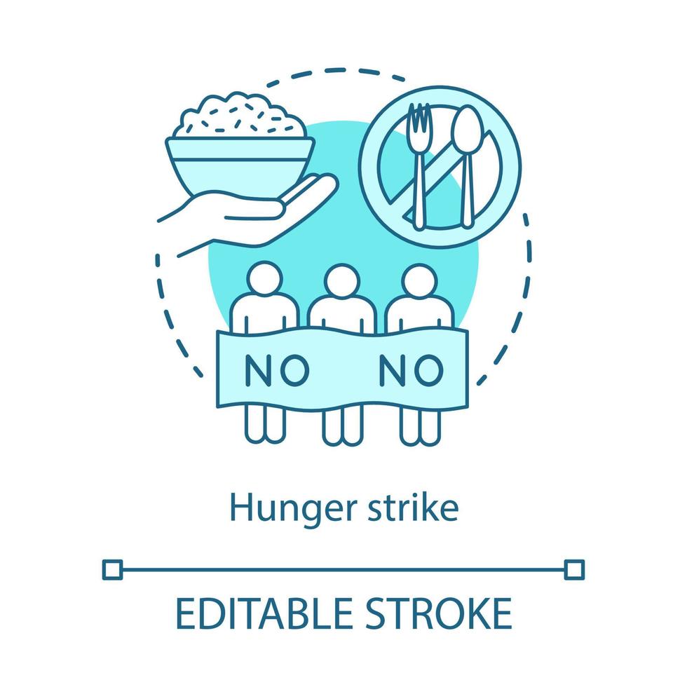 Hunger strike concept icon. Voluntary food refuse, nonviolent protest idea thin line illustration. Protesters with banner, rice bowl and tableware vector isolated outline drawing. Editable stroke