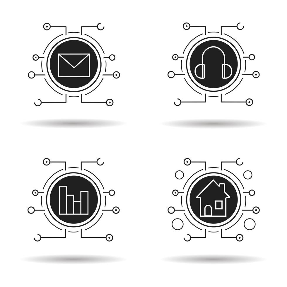 Cyber technology icons set. Music, statistics, email and smart house concepts. Letter, headphones, chart and home. Vector white illustrations in black circles