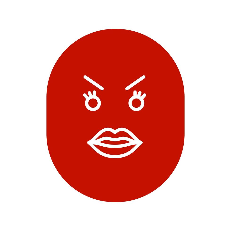 Smiley enojado con icono de glifo de labios femeninos. mal humor. símbolo de silueta. espacio negativo. vector ilustración aislada