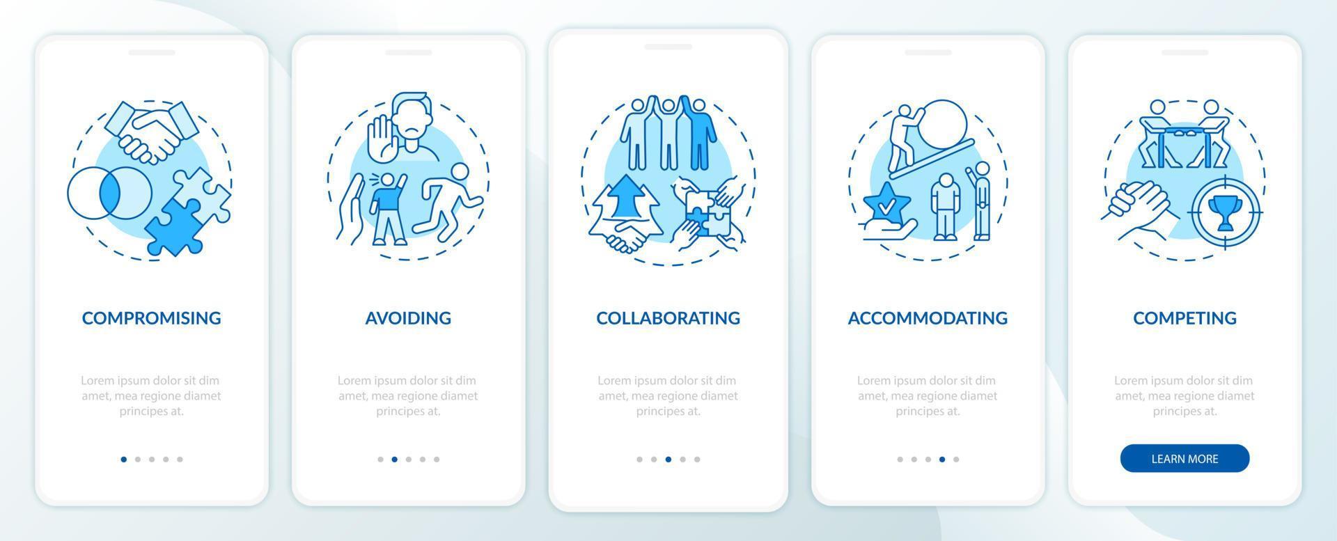 Conflict resolution strategy blue onboarding mobile app page screen vector