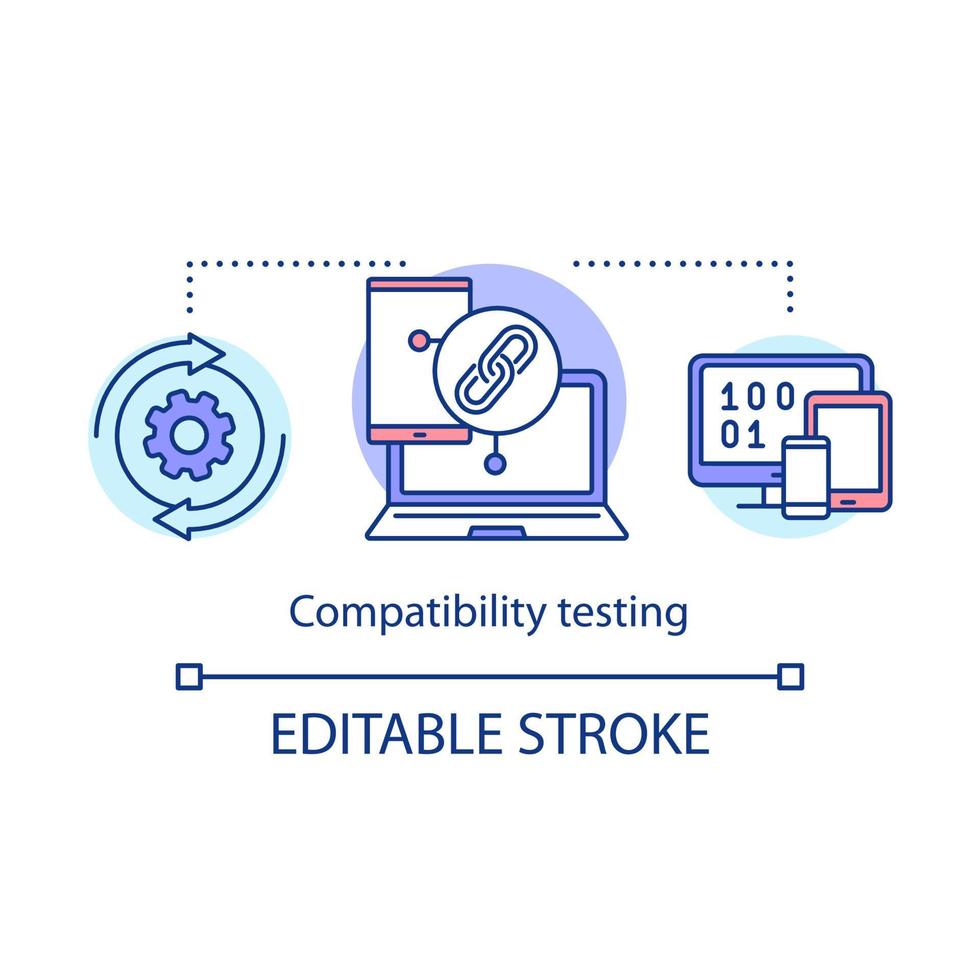 Compatibility testing concept icon. Checking software on different devices. Setting up linked account idea thin line illustration. Vector isolated outline drawing. Editable stroke