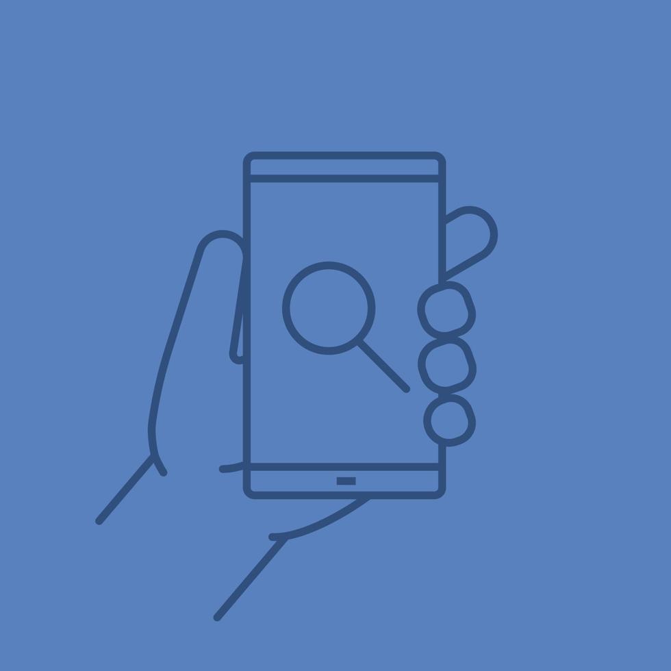 Hand holding smartphone linear icon. Smartphone search app. Thin line outline symbols on color background. Vector illustration