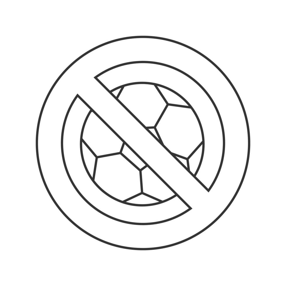 Forbidden sign with football ball linear icon. No ball games prohibition. Stop contour symbol. Thin line illustration. Vector isolated outline drawing