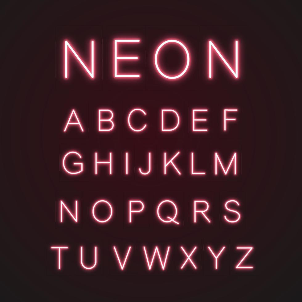 Pink alphabet neon light icons set. ABC. Glowing signs. Letters. Vector isolated illustrations