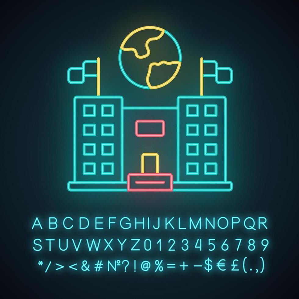 Immigration center neon light icon. Embassy and consulate building. Administrative governmental structure. Glowing sign with alphabet, numbers and symbols. Vector isolated illustration