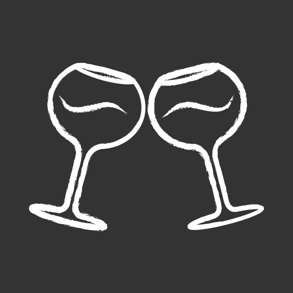 Two clinking glasses of wine chalk icon. Glassfuls of alcohol beverage. Wine service. Celebration. Wedding. Tasting, degustation. Toast. Cheers. Isolated vector chalkboard illustration