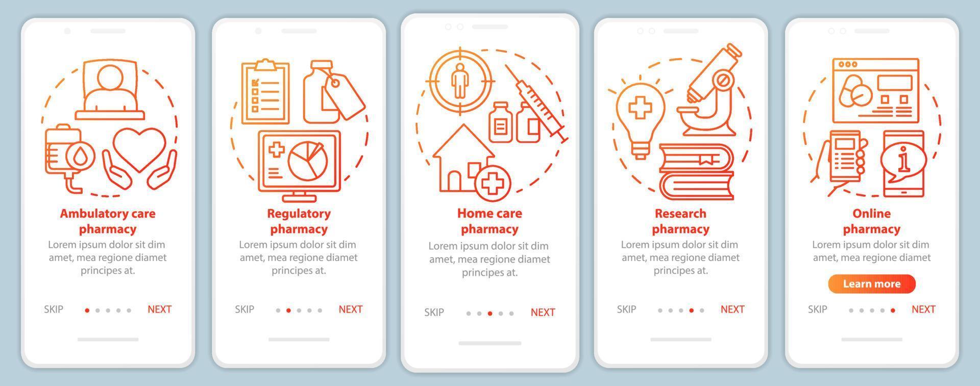 Ambulatory and home care pharmacy onboarding mobile app page screen vector template. Drug research. Walkthrough website steps with linear illustrations. UX, UI, GUI smartphone interface concept