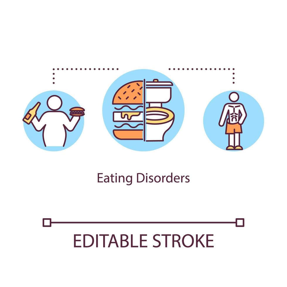Eating disorders concept icon. Mental illness idea thin line illustration. Anorexia. Bulimia. Overweight. Psychological problems. Vector isolated outline RGB color drawing. Editable stroke