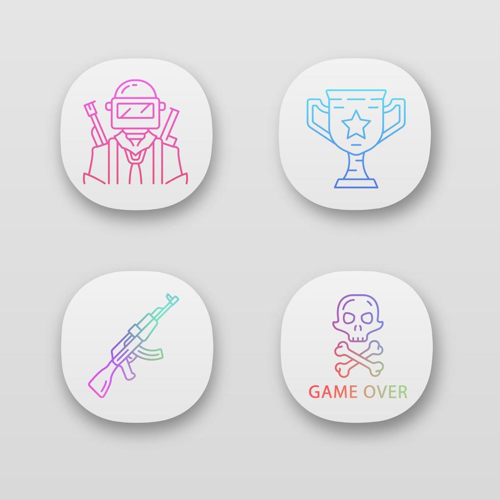 Online game inventory app icons set. Computer, video game equipment. Soldier, winning cup, weapon, game over. Web or mobile applications. Vector isolated illustrations