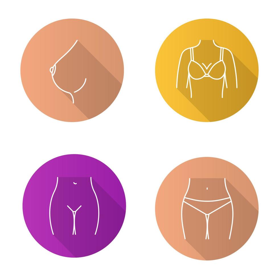 Female body parts flat linear long shadow icons set. Woman's breast and bikini zone. Vector outline illustration