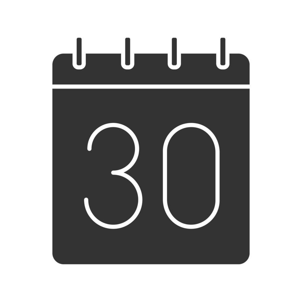 trigésimo día del mes icono de glifo. símbolo de silueta de fecha. Calendario de pared con 30 letreros. espacio negativo. vector ilustración aislada