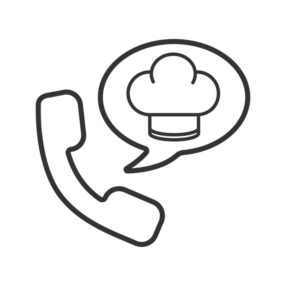 Food phone order linear icon. Thin line illustration. Handset with chef's hat inside speech bubble. Contour symbol. Vector isolated outline drawing