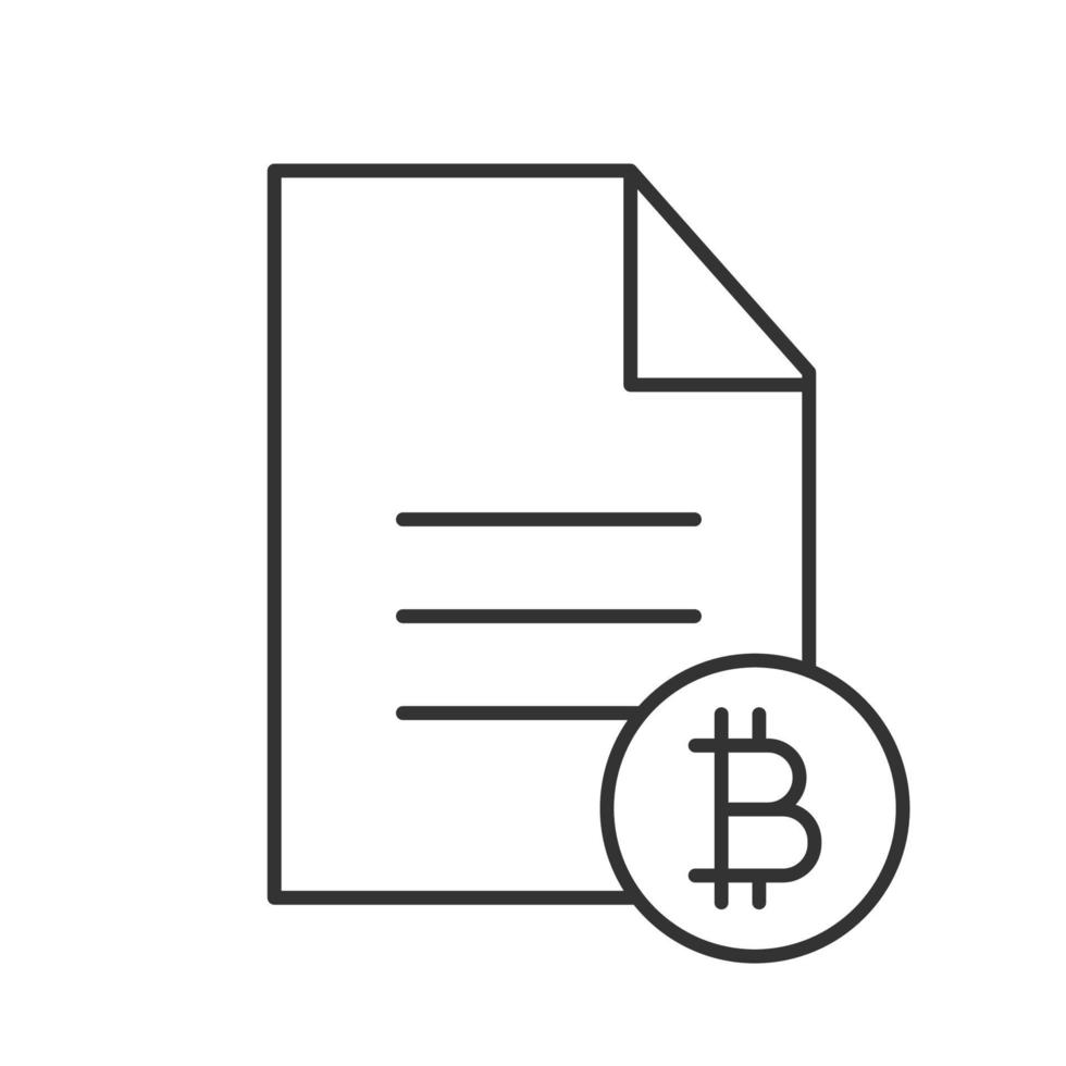 Bitcoin documentaries linear icon. Cryptocurrency. Thin line illustration. File with bitcoin sign. Contour symbol. Vector isolated outline drawing
