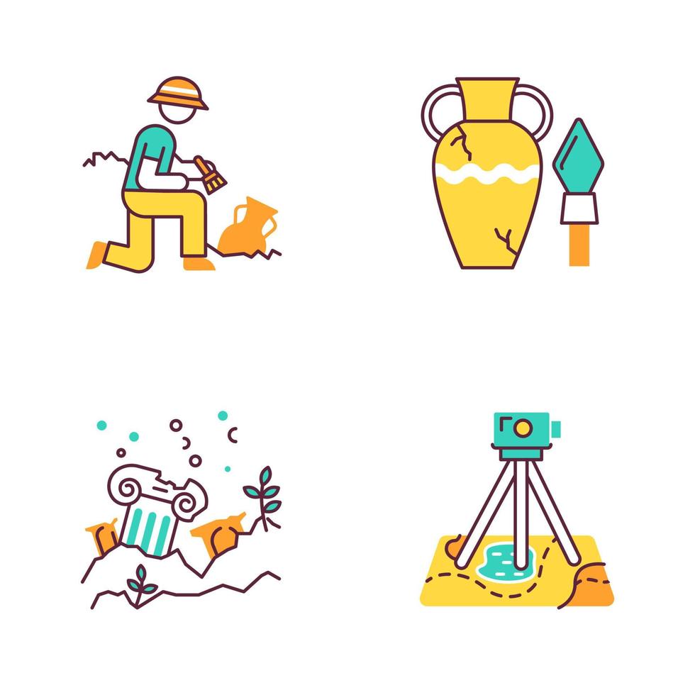 Archeology color icons set. Excavation and research. Ancient artifact. Amphora and spear. Lost cities. Column ruins. Field survey. Historical discoveries. Isolated vector illustrations