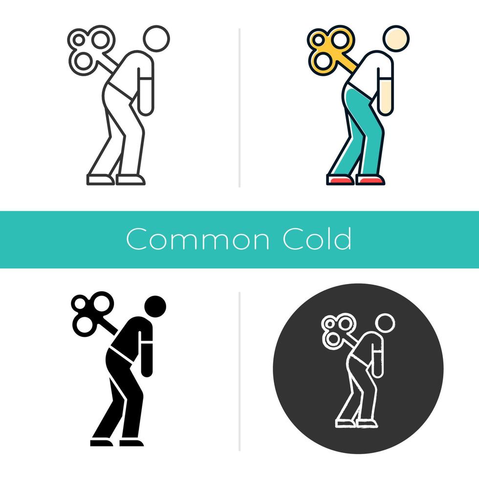 Fatigue icon. Tired man. Overworked person. Common cold symptom. Chronic depression. Unhappiness, frustration. Grippe sickness. Flat design, linear and color styles. Isolated vector illustrations