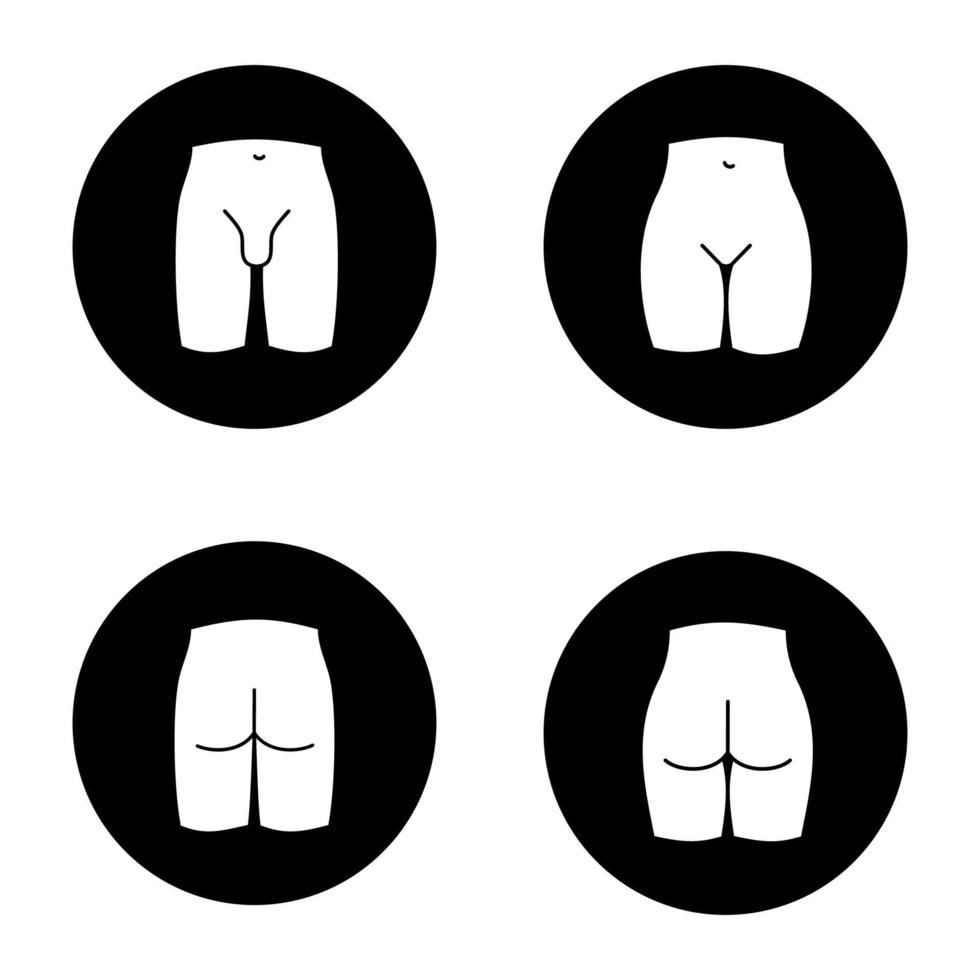 Human body parts glyph icons set. Bikini zone, male groin, man and woman buttocks. Vector white silhouettes illustrations in black circles