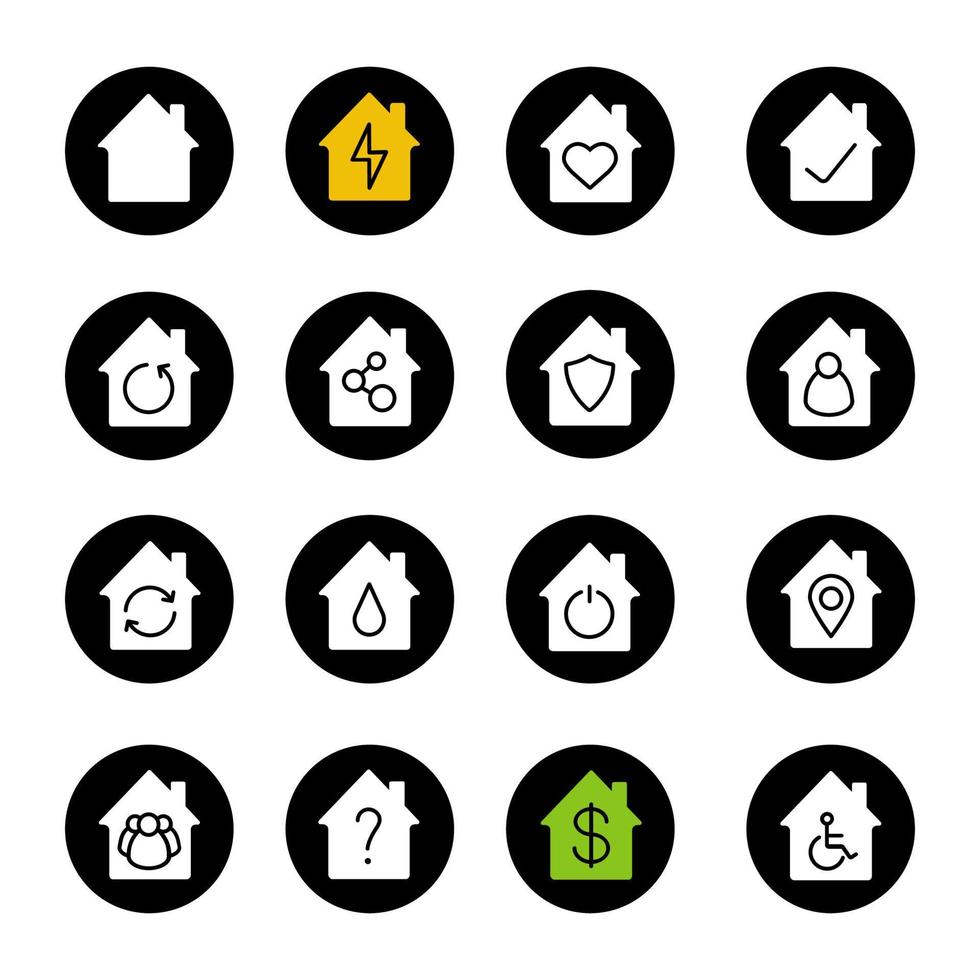 Houses glyph icons set. Home buildings with man, heart, group of people, dollar sign, wheelchair, question and tick marks inside. Vector white silhouettes illustrations in black circles