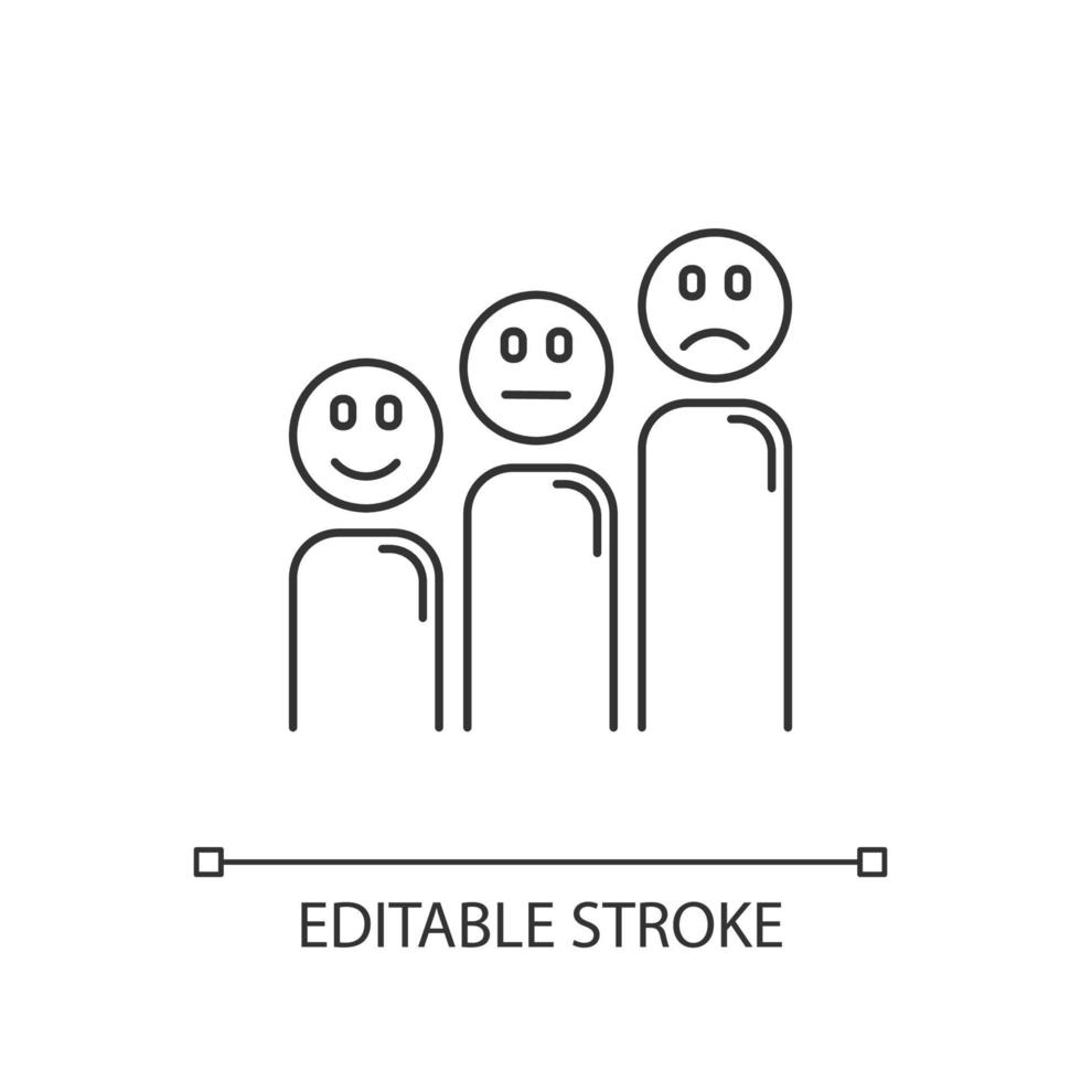 Satisfaction level linear icon. Customer experience emoticons. Social reaction assessment. Opinion rate. Thin line illustration. Contour symbol. Vector isolated outline drawing. Editable stroke