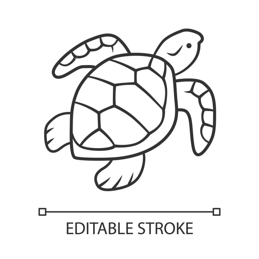 Turtle linear icon. Slow moving reptile with scaly shell. Aquatic animal. Swimming creature. Marine fauna. Thin line illustration. Contour symbol. Vector isolated outline drawing. Editable stroke