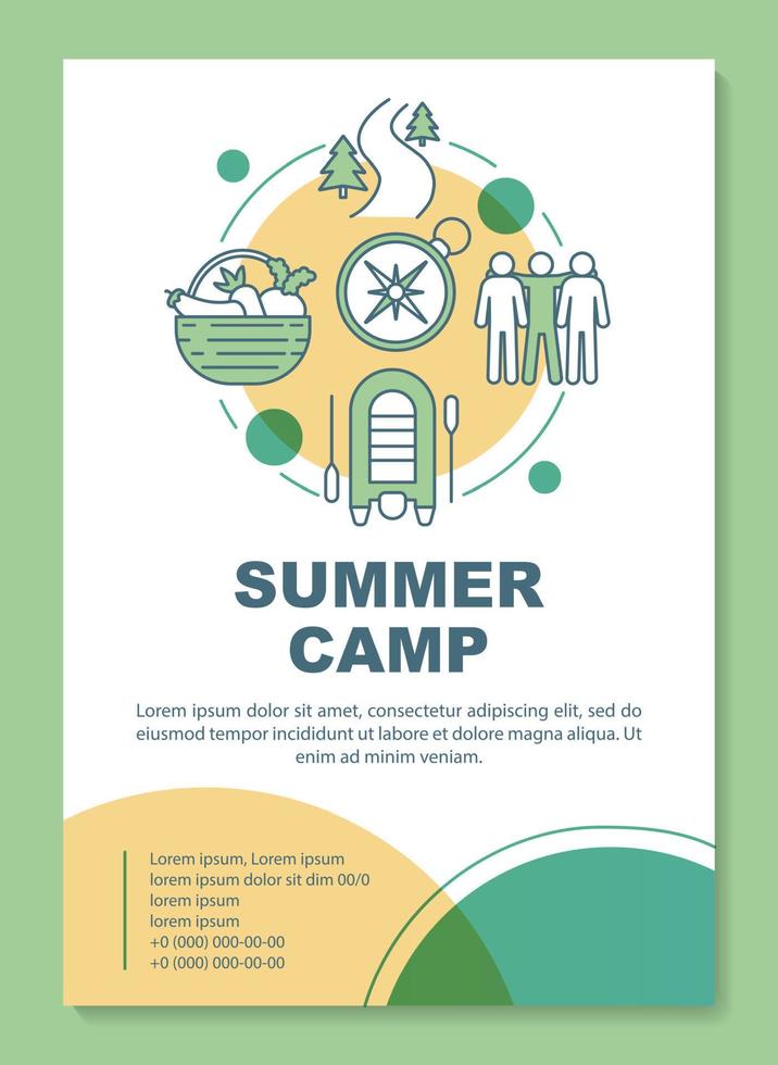 campamento de verano, diseño de plantilla de folleto de vacaciones en el campo. folleto, folleto, diseño de impresión de folletos con ilustraciones lineales. diseños de páginas vectoriales para revistas, informes anuales, carteles publicitarios vector