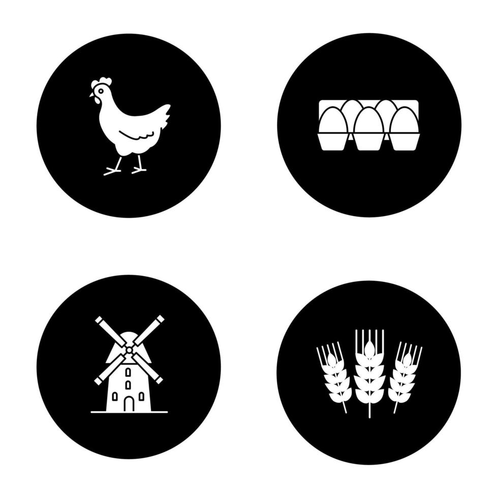 Agriculture glyph icons set. Farming. Chicken, eggs tray, windmill, wheat ears. Vector white silhouettes illustrations in black circles