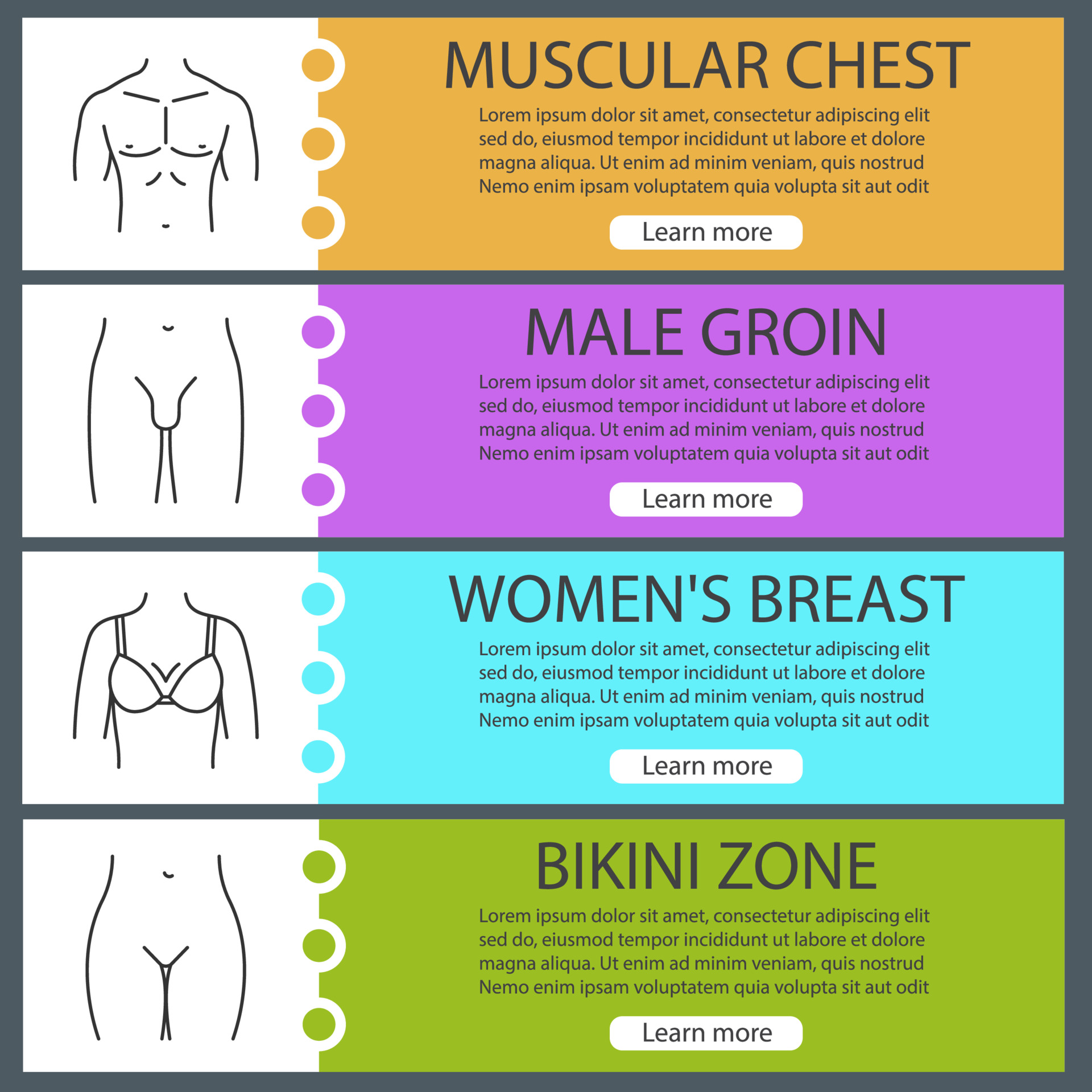 Human body parts web banner templates set. Man's muscular chest, male  groin, female breast and bikini zone. Website color menu items with linear  icons. Vector headers design concepts 3764328 Vector Art at