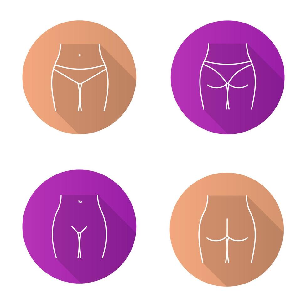 Female body parts flat linear long shadow icons set. Woman's buttocks