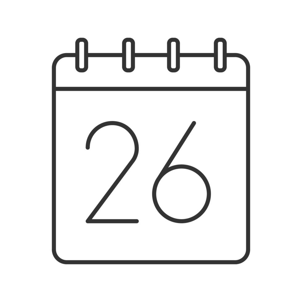 Twenty sixth day of month linear icon. Wall calendar with 26 sign. Thin line illustration. Date contour symbol. Vector isolated outline drawing