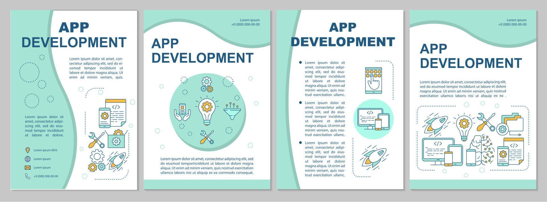 App development brochure template. Flyer, booklet, leaflet print, cover design, linear illustrations. Mobile programming. Vector page layouts for magazines, annual reports, advertising posters