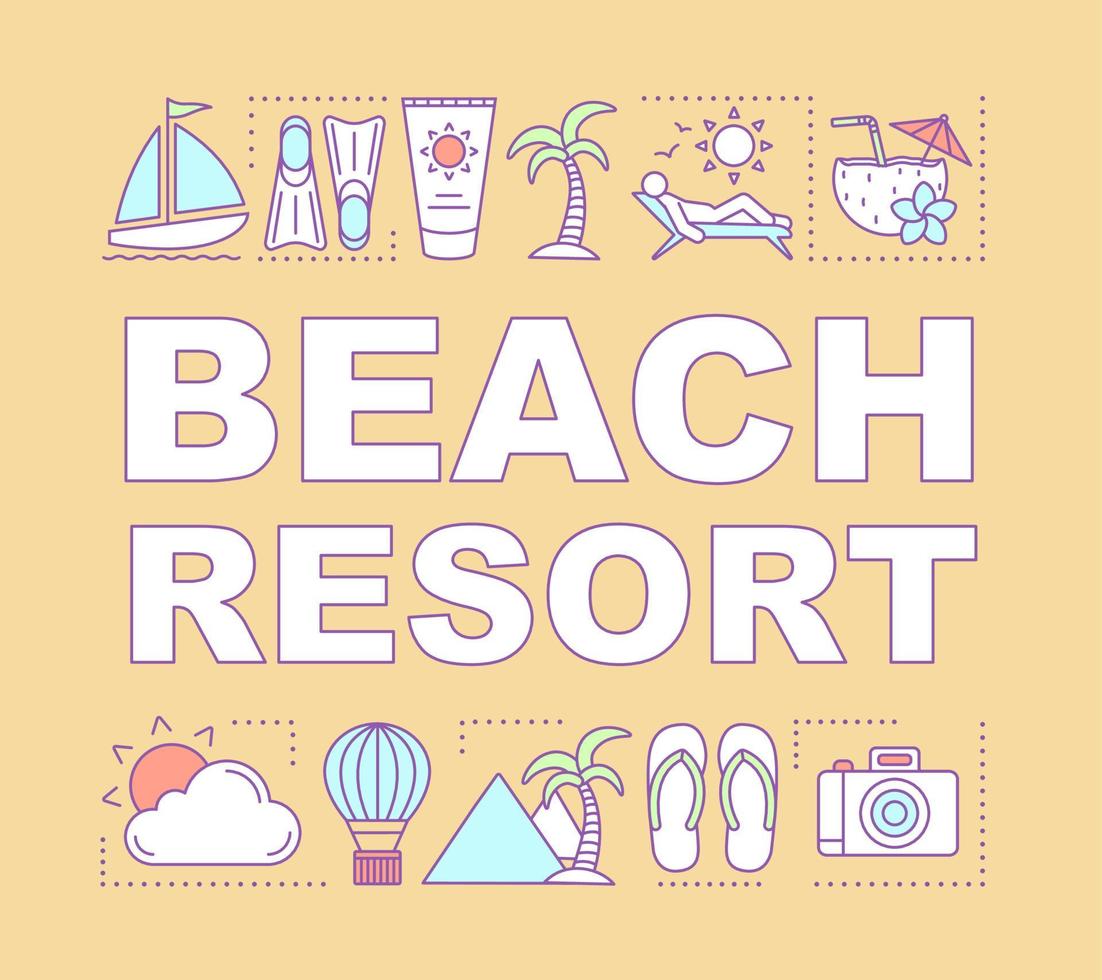 banner de conceptos de palabra de resort de playa. tiempo en familia juntos. viajes marinos. viaje marítimo. vacaciones. presentación, sitio web. idea de tipografía de letras aisladas, iconos lineales. ilustración de contorno vectorial vector